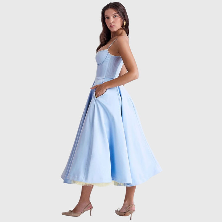 Blue Jane™ elegant maxi dress by Emma & Rose Cape Town, stylish sleeveless Kleid with flowing fabric and fitted waist.