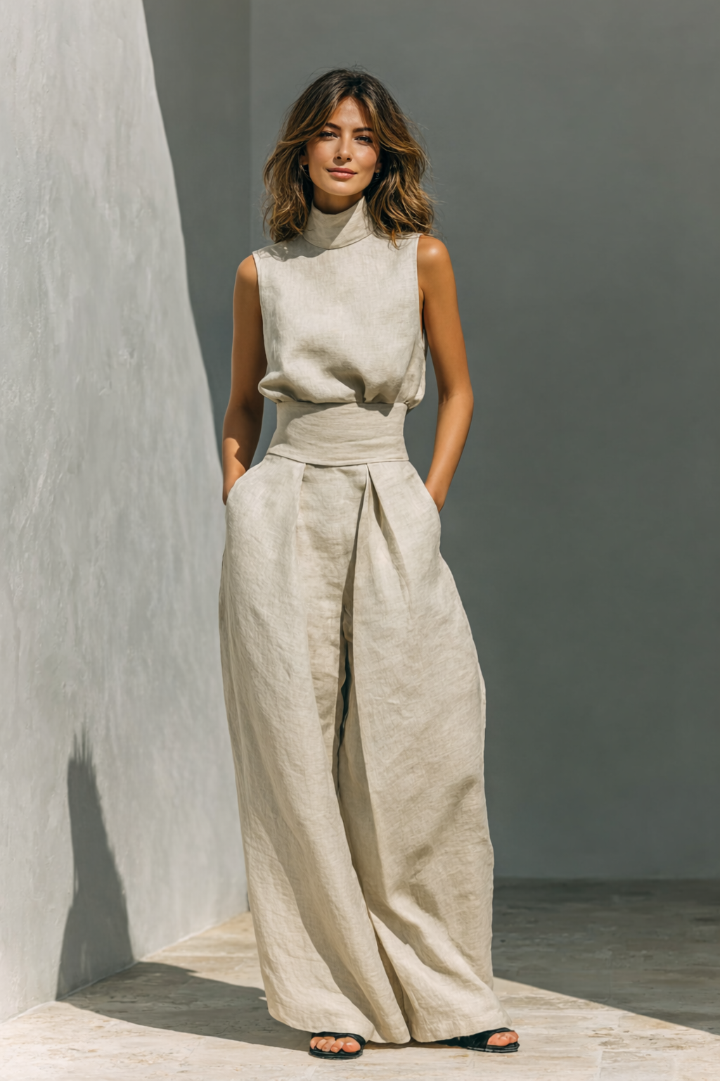 Light blue minimalist women's cotton and linen tank top and wide-leg trousers set by Emma & Rose Cape Town, styled together.