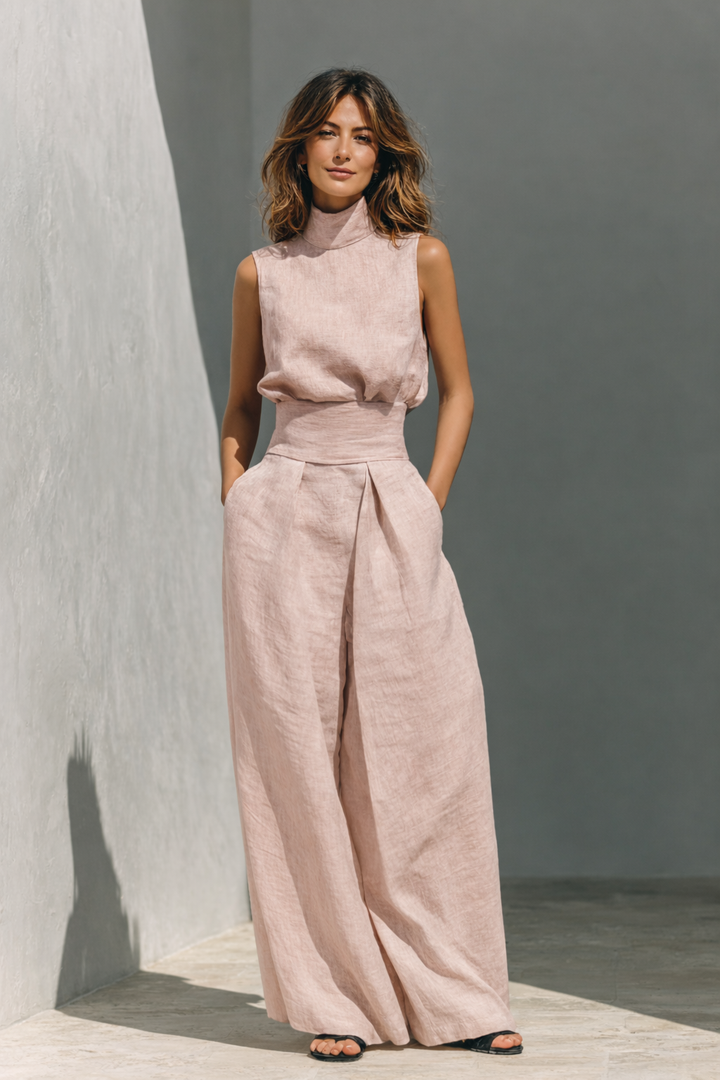 Light blue minimalist women's cotton and linen tank top and wide-leg trousers set by Emma & Rose Cape Town.