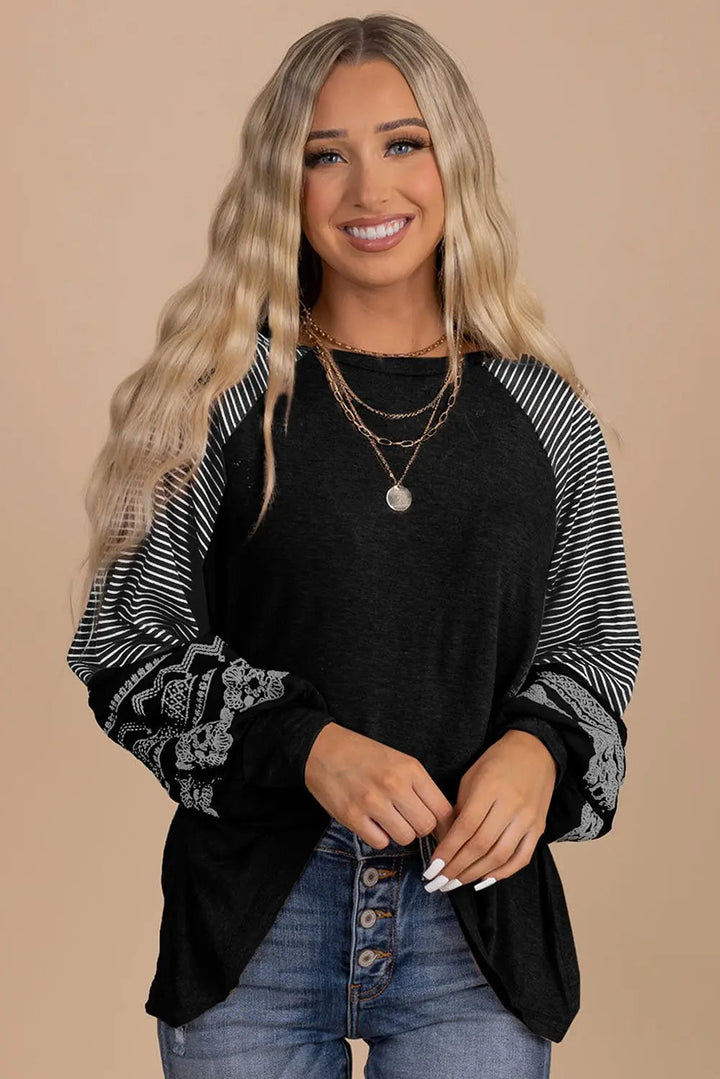 Black Contrast Print Striped Raglan Long Sleeve Loose Top