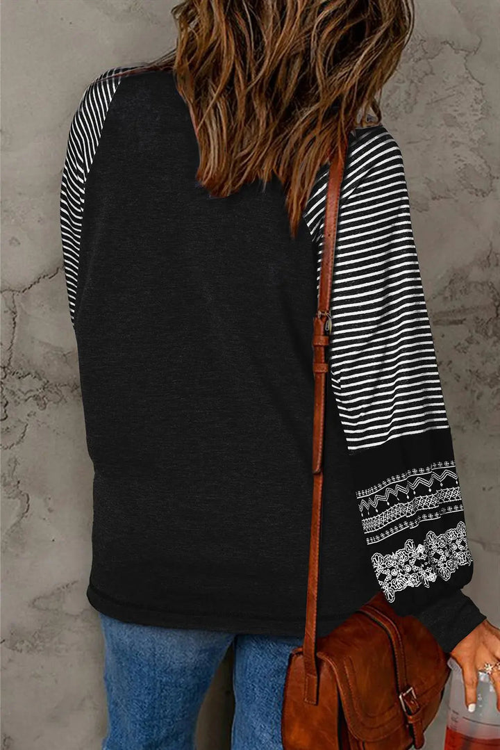 Black Contrast Print Striped Raglan Long Sleeve Loose Top