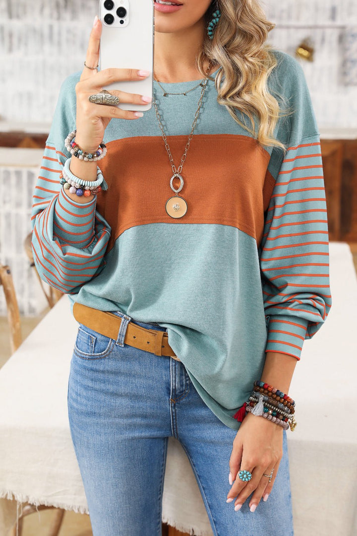 Green colorblock striped bishop sleeve top with side slits, long sleeve blouse from Emma & Rose Cape Town.