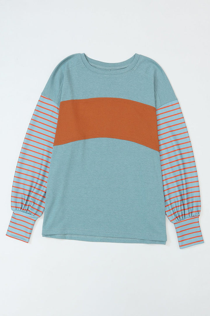 Green colorblock striped bishop sleeve top with side slits from Emma & Rose Cape Town, long sleeve design with stylish details.