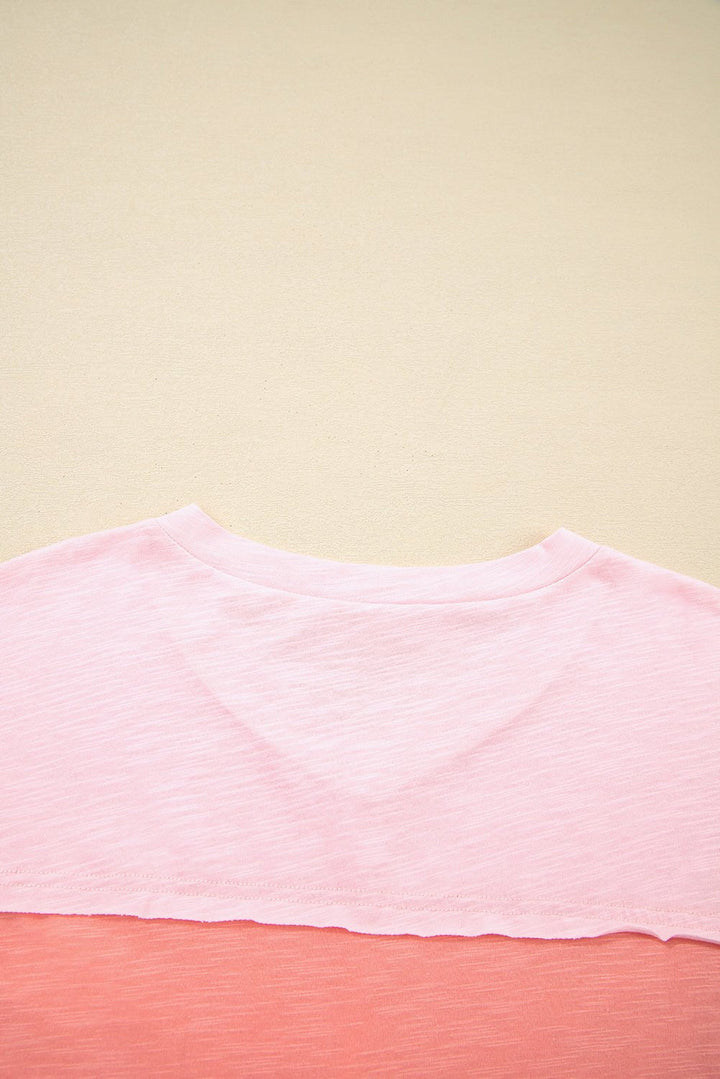 Pink Flower Patched Exposed Seam 3/4 Sleeve top
