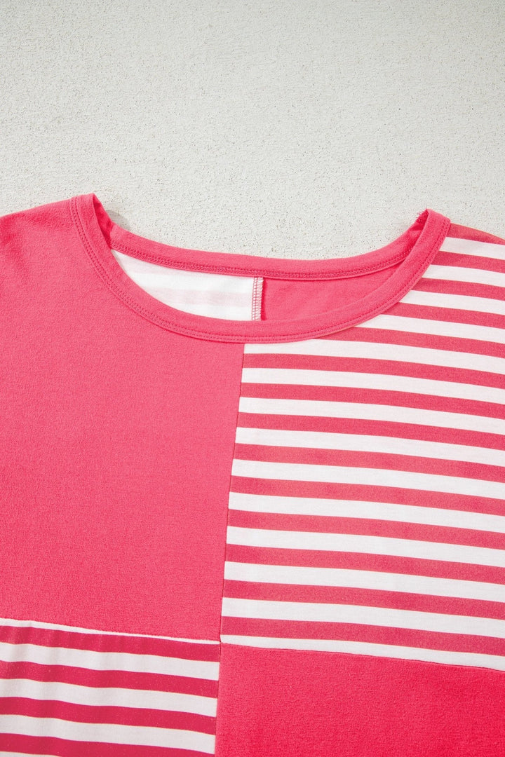 Pink Stripe Color Block Patchwork Drop Shoulder Long Sleeve Tunic Top