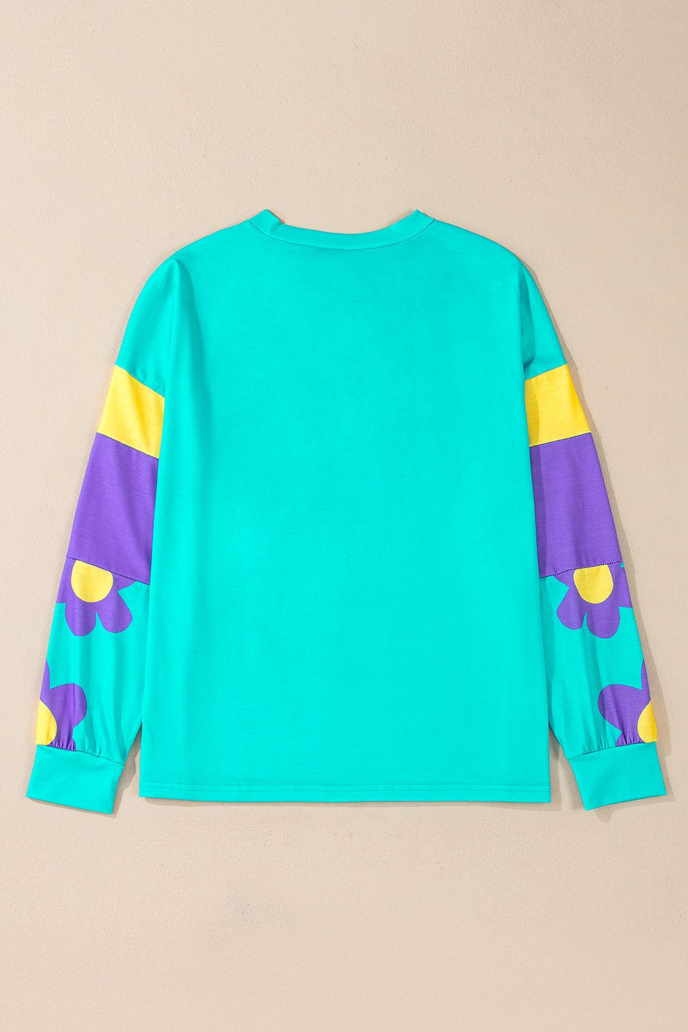 Sky Blue Floral Color Block Long Sleeve Top