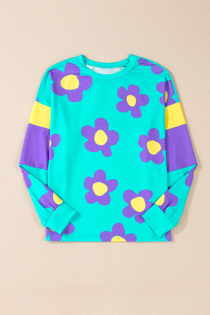 Sky Blue Floral Color Block Long Sleeve Top