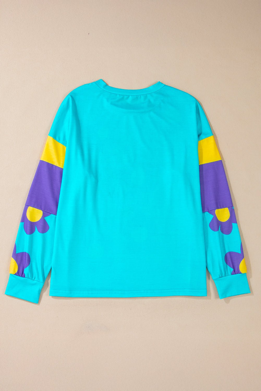 Sky Blue Floral Color Block Long Sleeve Top