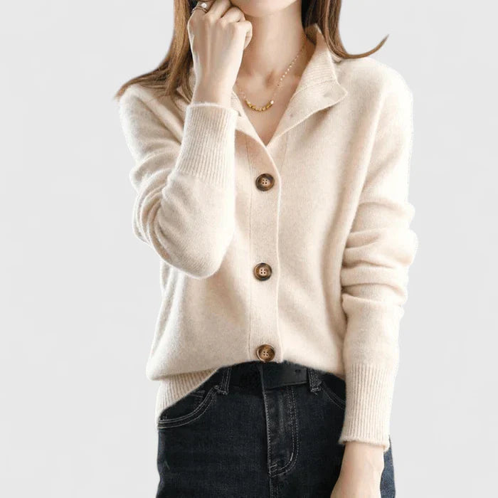 Beige Camaryllis™ Emma & Rose Cape Town elegant maglia cardigan with a soft knit texture and classic design.