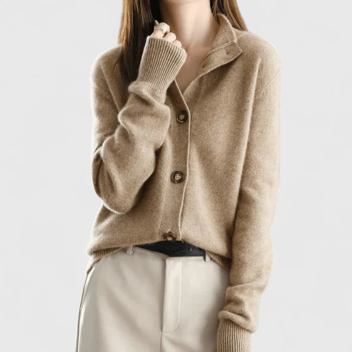 Beige Camaryllis™ Emma & Rose Cape Town elegant maglia cardigan with a soft knit texture and classic design.