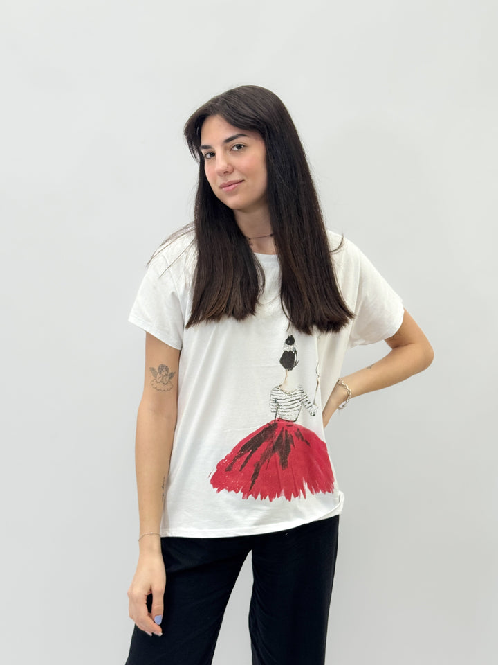 Beige Fenna™ comfortable fit T-shirt from Emma & Rose Cape Town with printed design and casual maglieria style.