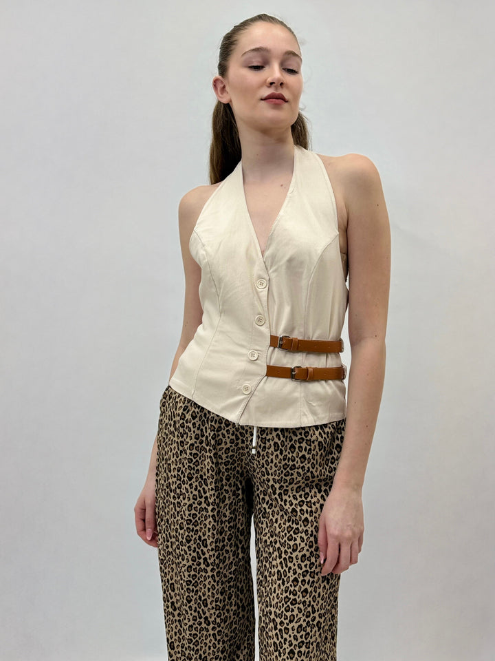 Beige Franziska™ Emma & Rose Cape Town maglieria gilet with detailed knit texture and classic design.