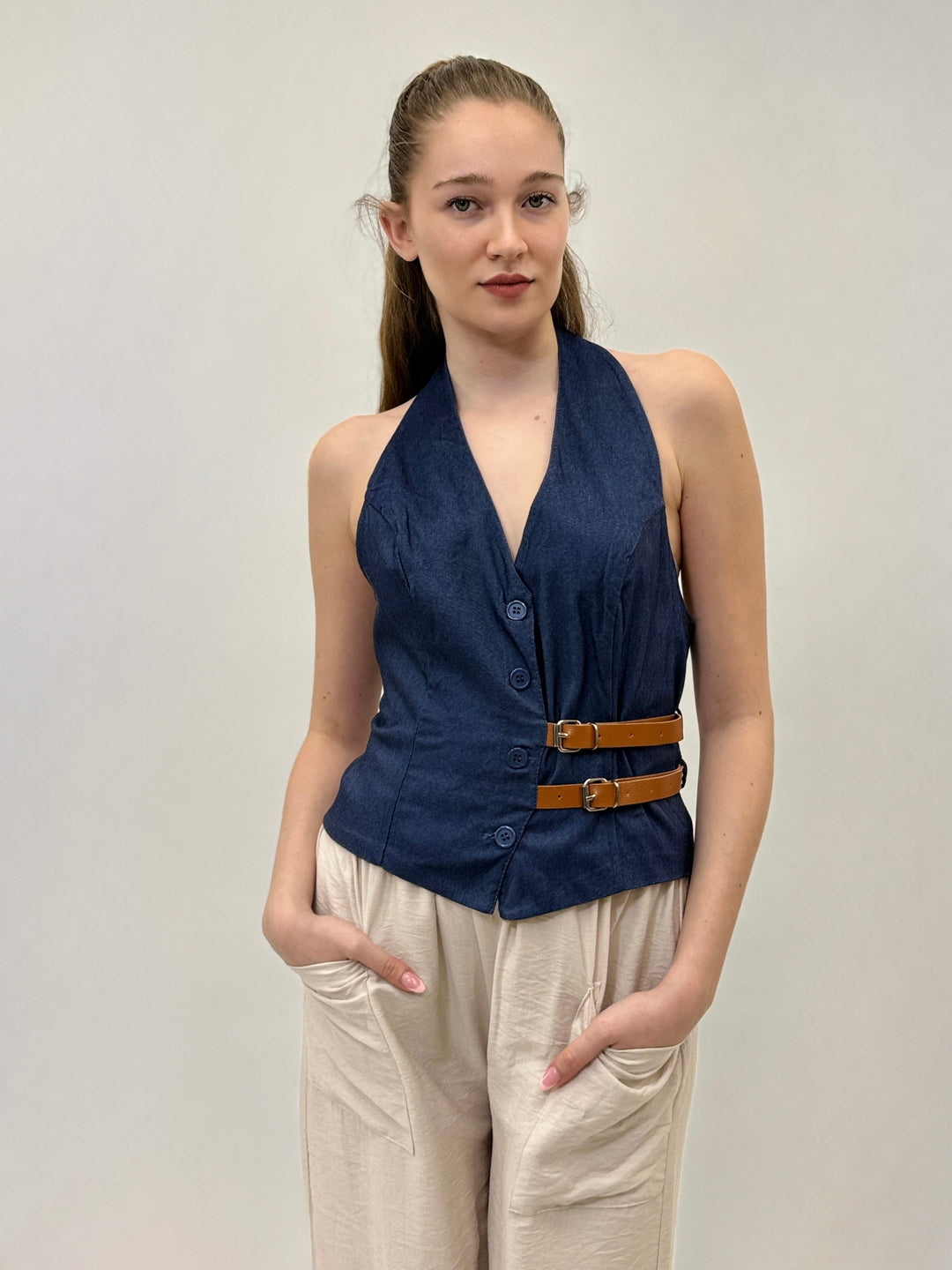 Beige Franziska™ Gilet by Emma & Rose Cape Town featuring textured knit detail and stylish design.