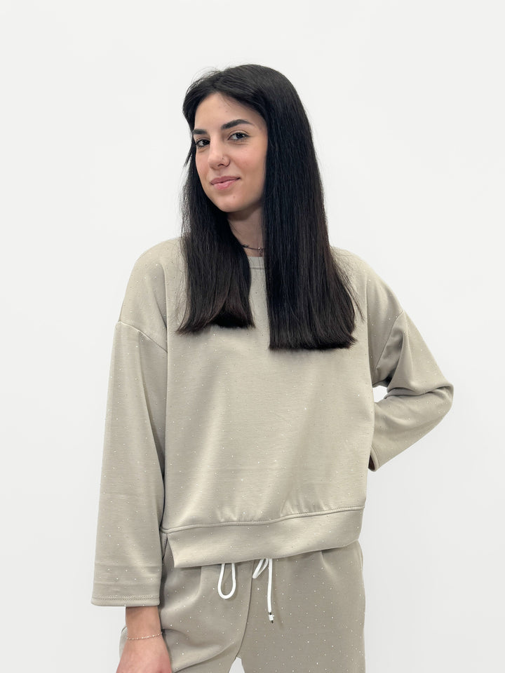 Beige Ilse™ sweatshirt by Emma & Rose Cape Town featuring subtle micro glitter, casual fit, and soft knit fabric.
