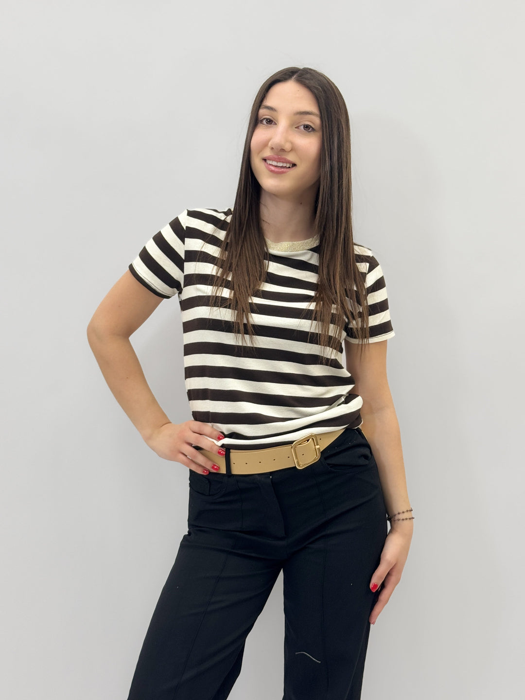 Black Dominique striped T-shirt by Emma & Rose Cape Town with lurex details and casual fit.