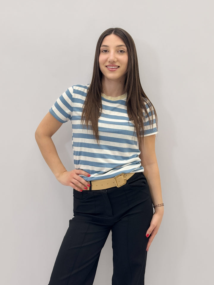 Black Dominique striped T-shirt by Emma & Rose Cape Town with lurex details, showcasing a stylish knit maglieria design.