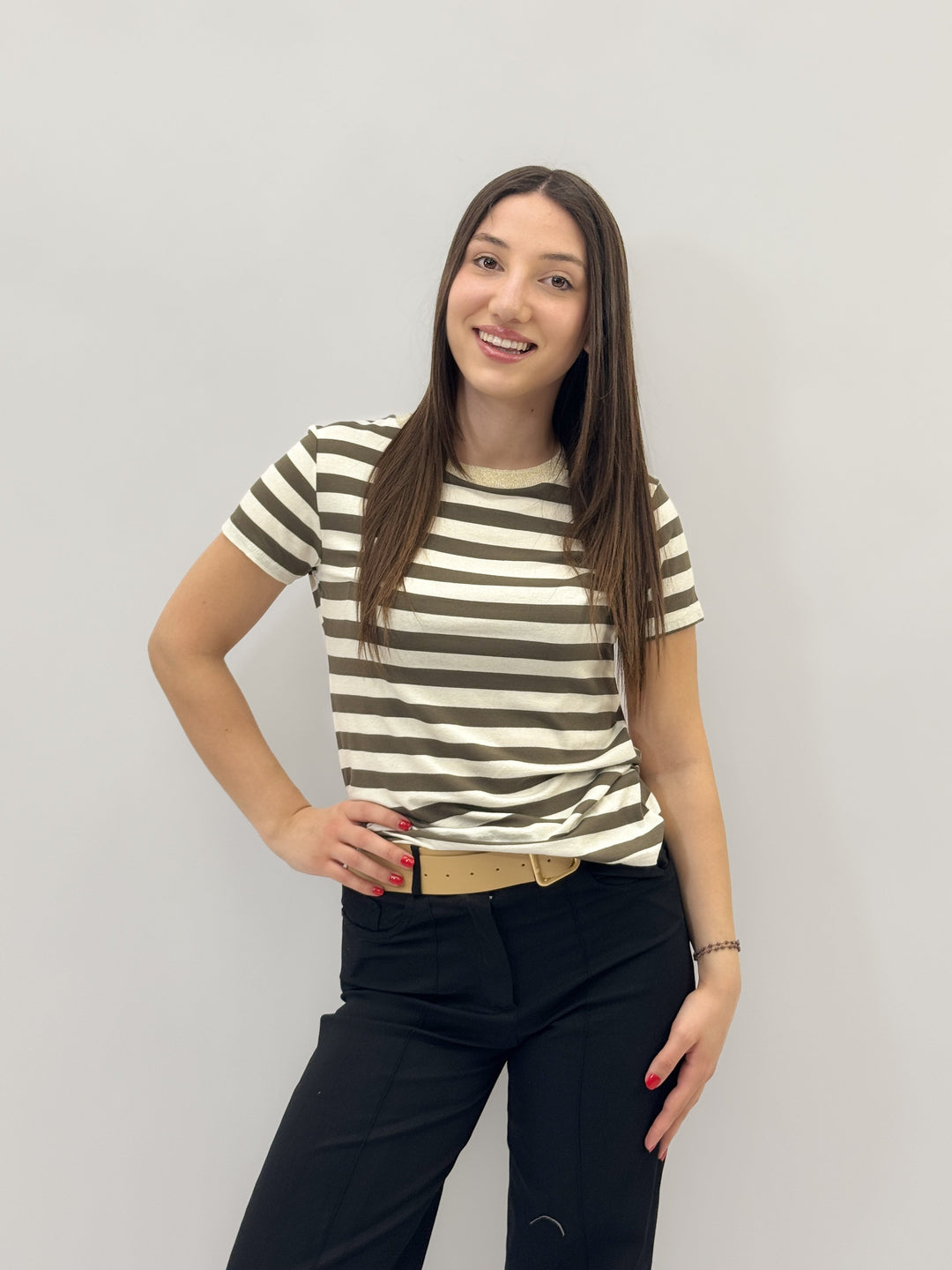 Black Dominique striped T-shirt by Emma & Rose Cape Town with lurex details, casual knitwear style.