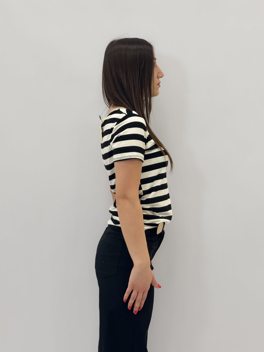 Emma & Rose Cape Town Dominique striped T-shirt in black with lurex details, showcasing a stylish, casual maglieria knitwear design.