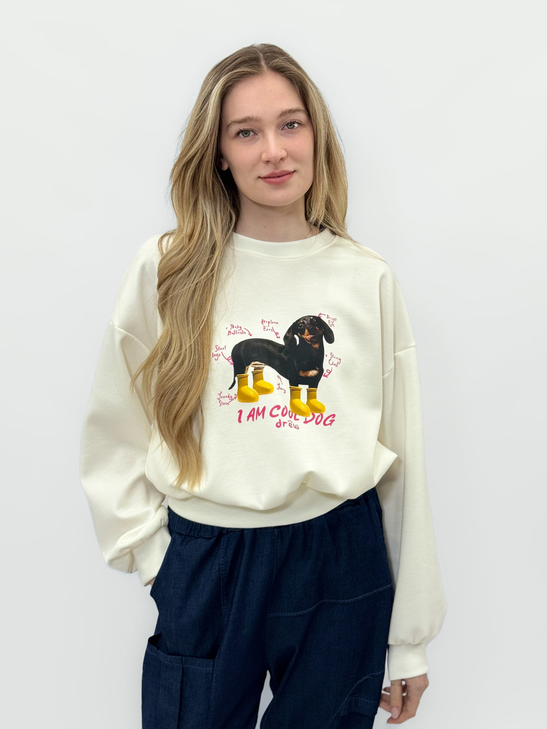 Emma & Rose Cape Town Katrien oversized dachshund sweatshirt in casual maglieria style, featuring a relaxed fit and dachshund graphic.