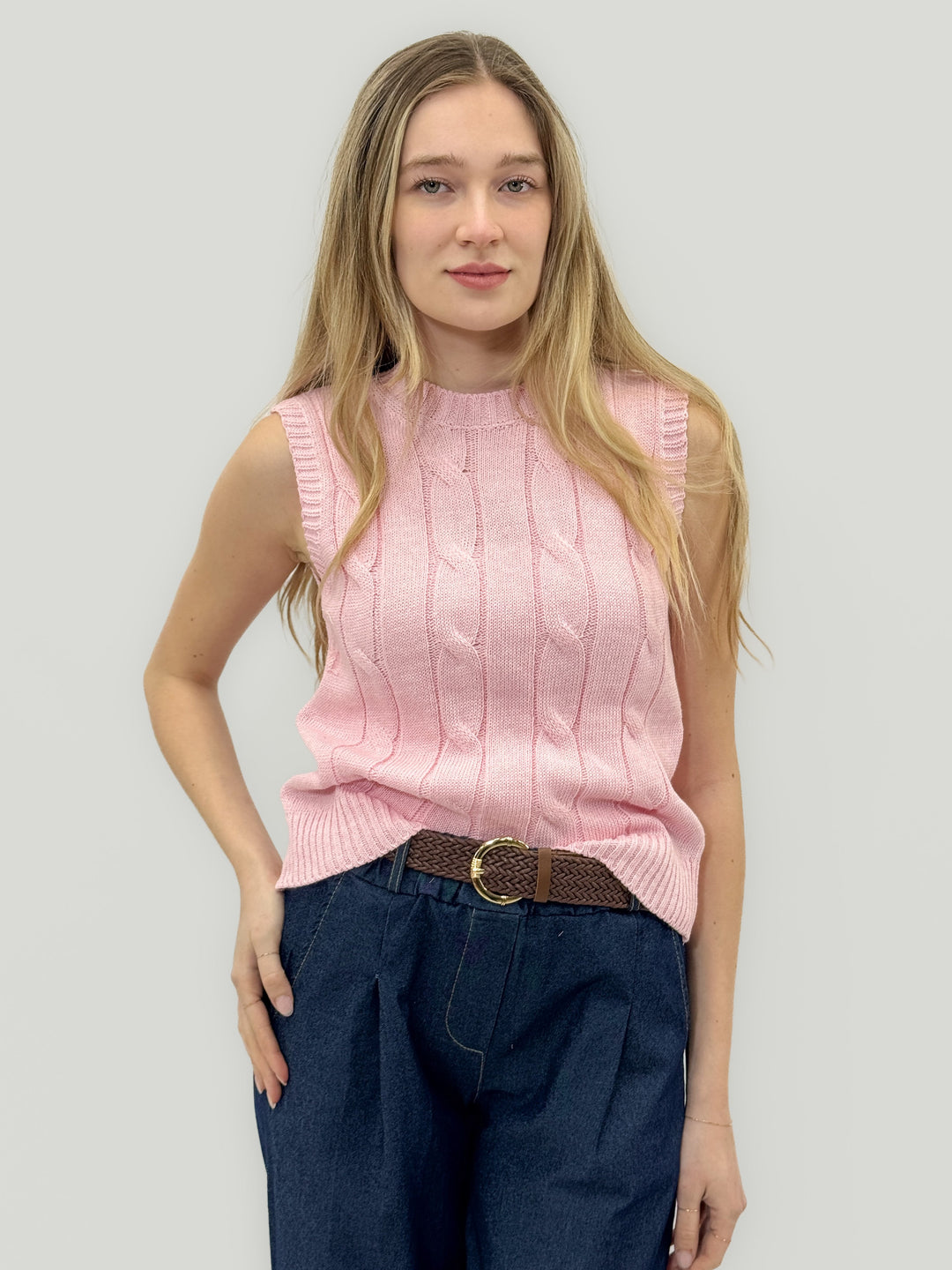 Light blue Isabel knitted waistcoat by Emma & Rose Cape Town, modern cut, close-up of soft, textured knit fabric.