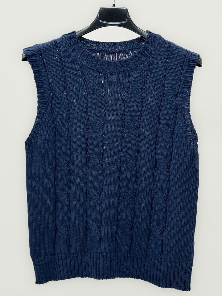 Light blue Isabel knitted waistcoat by Emma & Rose Cape Town, featuring a modern cut and stylish maglieria design.