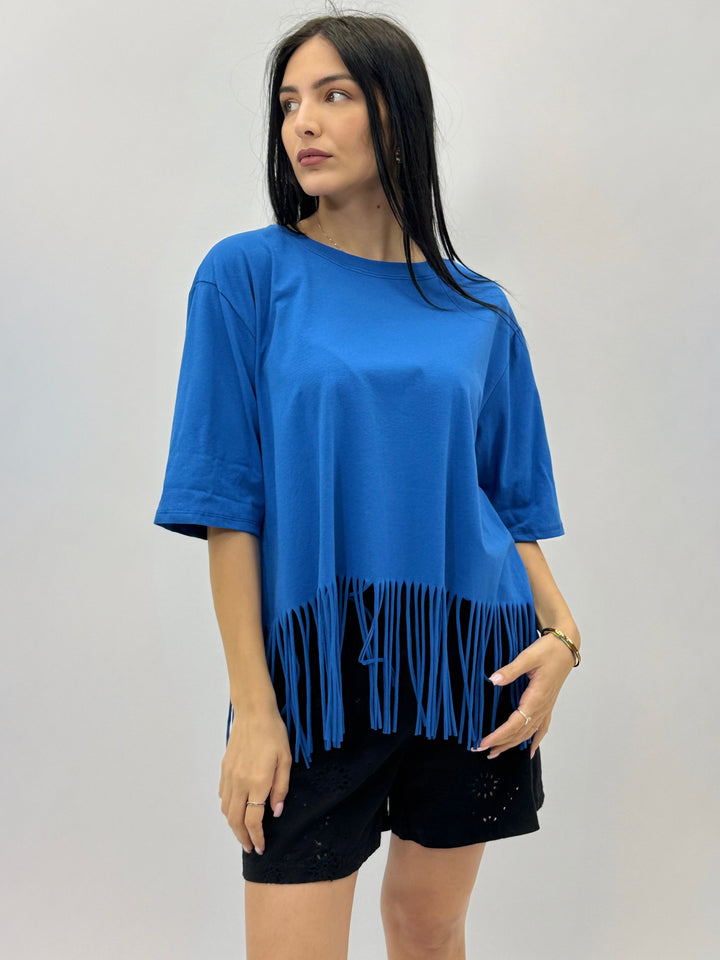 Light blue Plain™ T-shirt with fringes by Emma & Rose Cape Town, showcasing a casual maglieria style with playful fringe details.