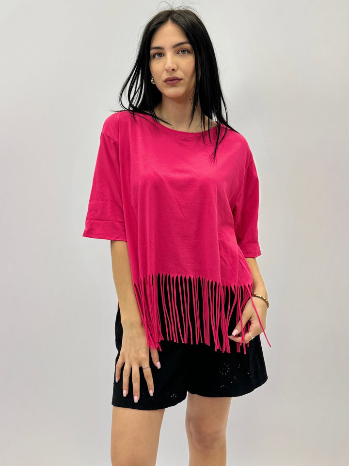 Light blue Plain™ T-shirt with fringes by Emma & Rose Cape Town, featuring a casual maglieria design and stylish fringe details.
