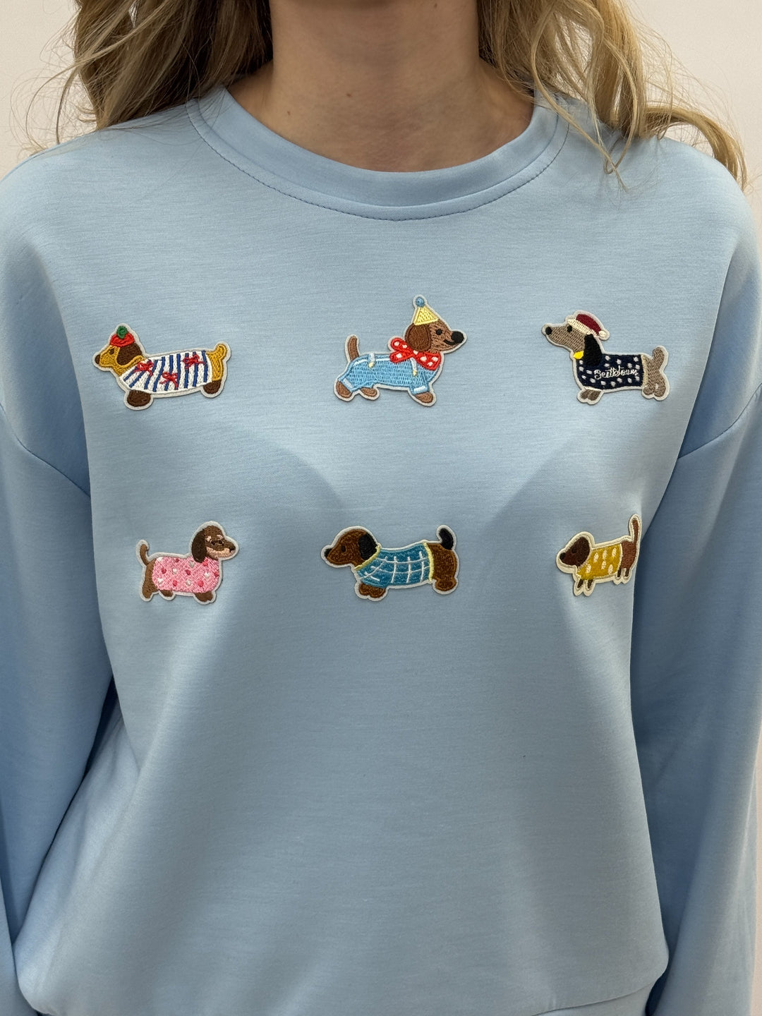 Pink Gretchen Dachshund patch sweatshirt by Emma & Rose Cape Town, featuring a cozy knit fabric and Dachshund design at the neck.