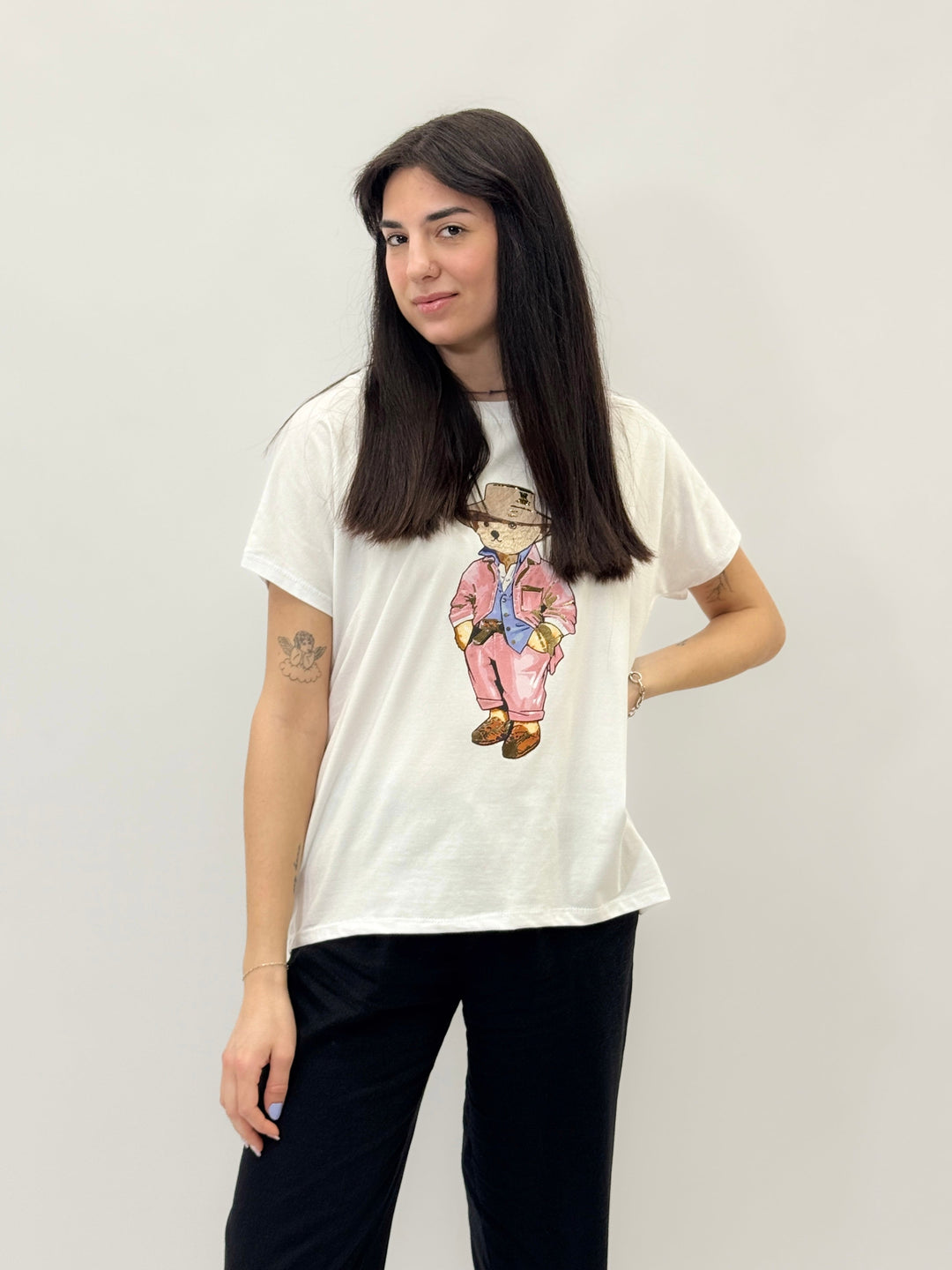 Pink Johanna™ comfy fit T-shirt by Emma & Rose Cape Town, featuring a stylish printed design, casual and comfortable maglieria top.