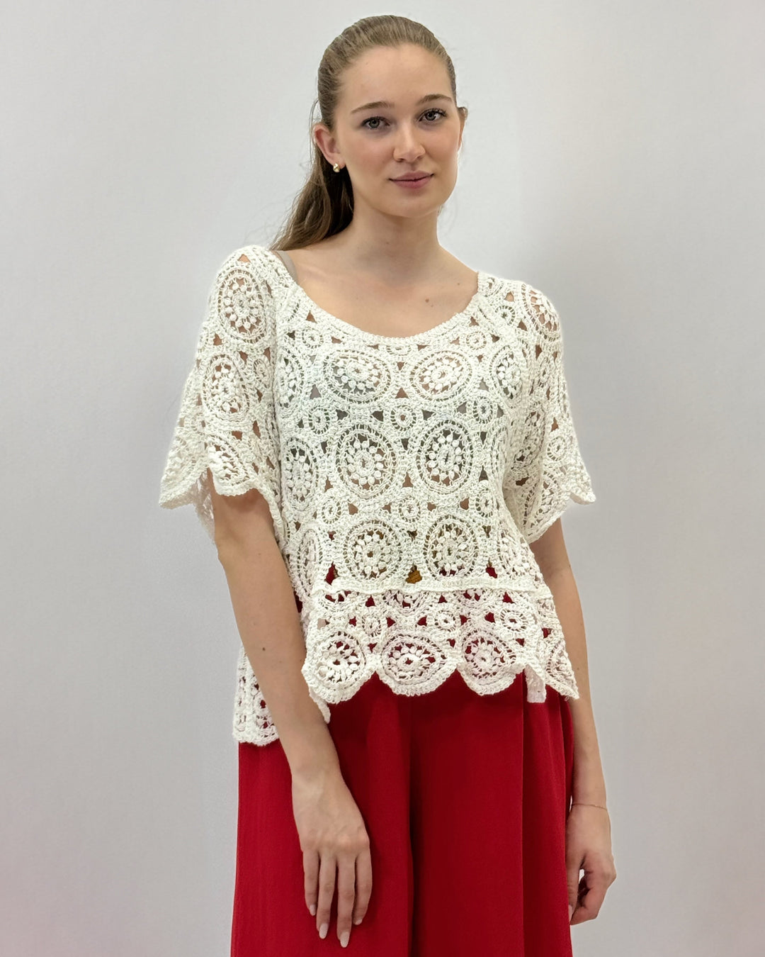 White Yolande crochet 3/4 sleeve top by Emma & Rose Cape Town, lightweight maglieria with intricate crochet details.