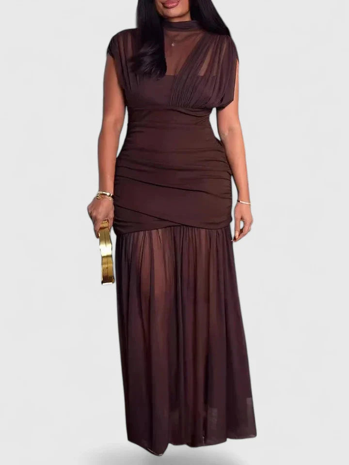 Brown Elyzhera maxi dress by Emma & Rose Cape Town, elegant dress with flowing fabric and stylish design.