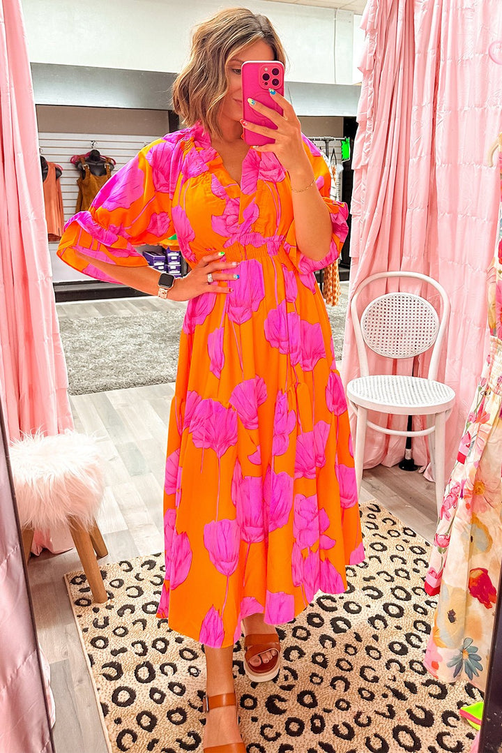 Orange Floral Print Frill Smocked V Neck 3/4 Sleeve Maxi Dress
