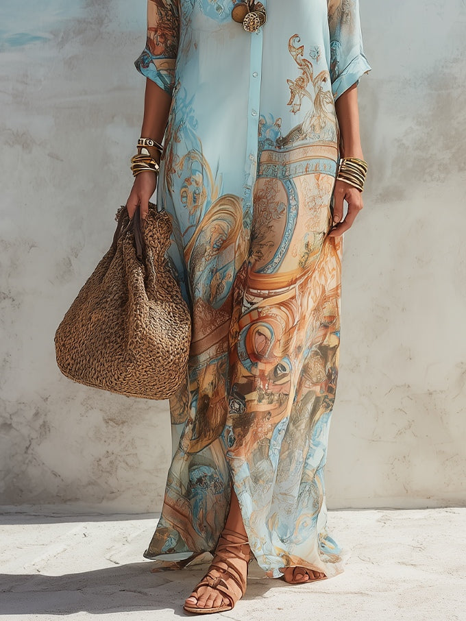 Lorna Mediterranean blue shirt dress by Emma & Rose Cape Town, lightweight fabric with a relaxed fit and button front.