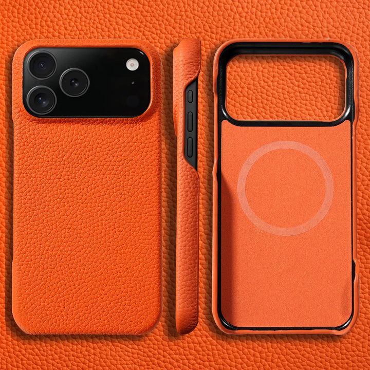 Orange leather iPhone 17 Pro Max case from Emma & Rose Cape Town, designed as a stylish men's accessory with a sleek finish.