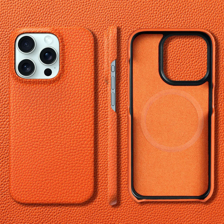 Emma & Rose Cape Town leather iPhone 17 Pro Max case for men, orange executive-style accessory with sleek design.