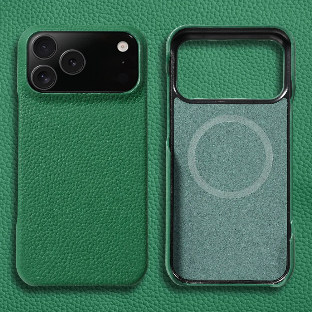 Orange leather iPhone 17 Pro Max case from Emma & Rose Cape Town, stylish men's accessory with a sleek, premium leather finish.