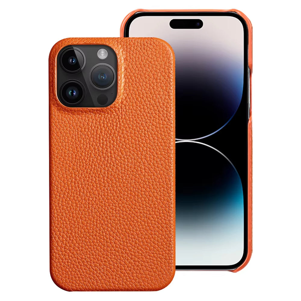 Orange leather iPhone 17 Pro Max case from Emma & Rose Cape Town, designed as a stylish men's accessory.