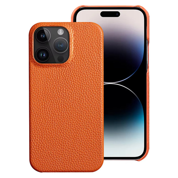 Orange leather iPhone 17 Pro Max case from Emma & Rose Cape Town, designed as a stylish men's accessory.