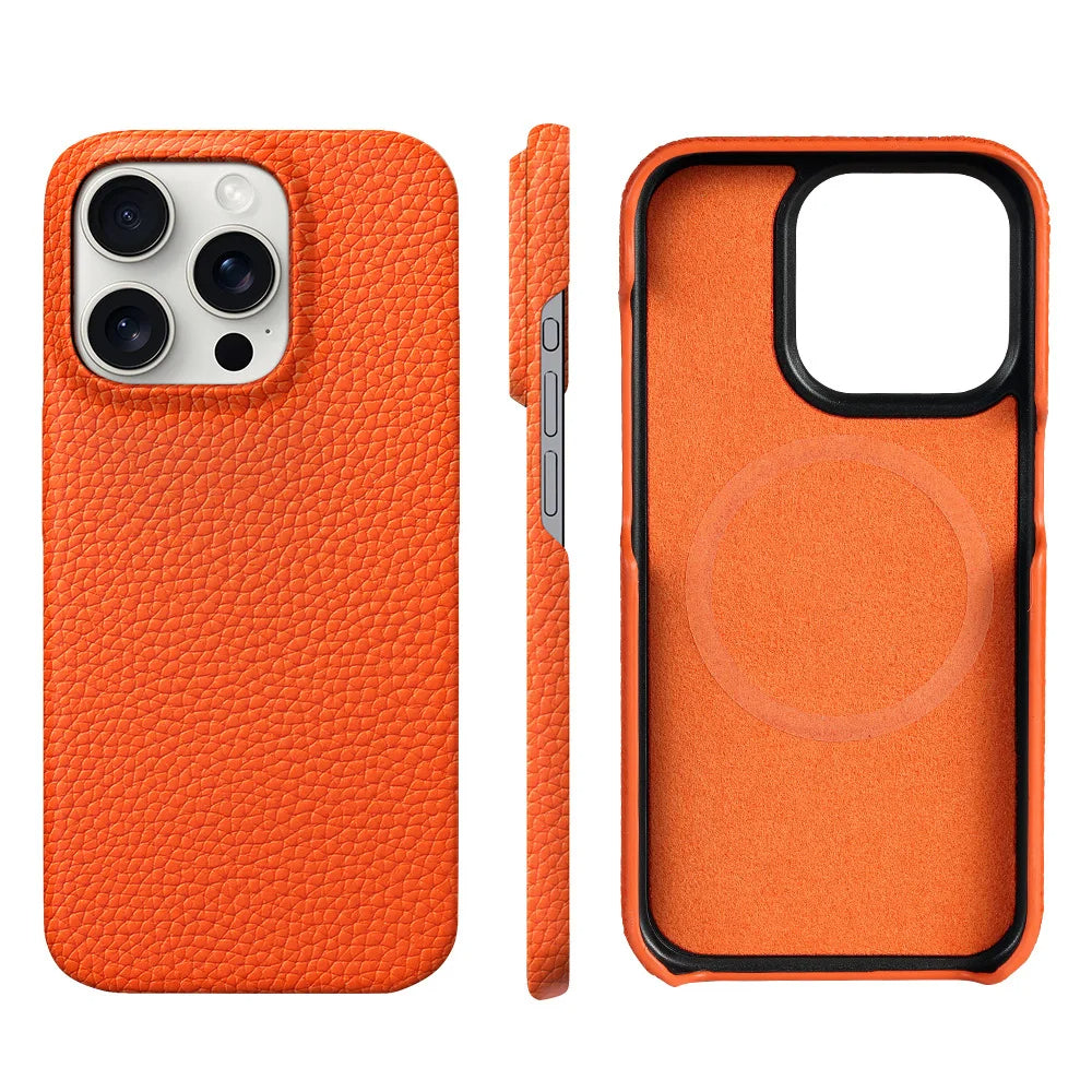 Orange leather iPhone 17 Pro Max case from Emma & Rose Cape Town, designed as a stylish men's accessory with a sleek finish.