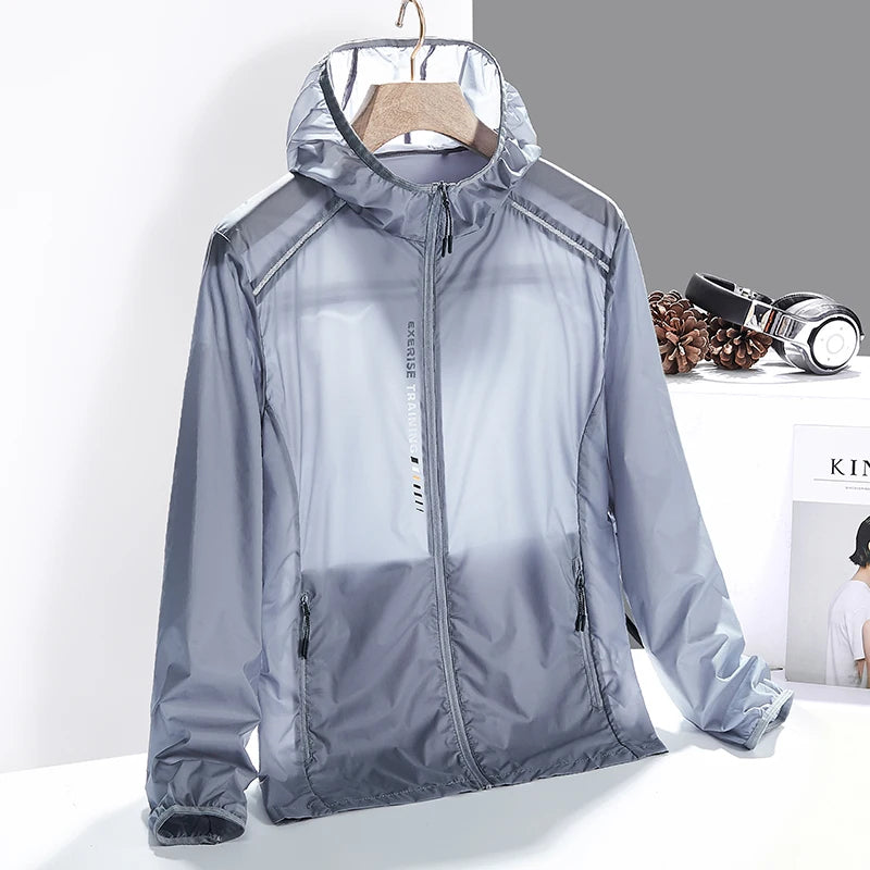 Men's Breeze Green Gabriëlle™ lightweight water-repellent windbreaker by Emma & Rose Cape Town, shown on a hanger.
