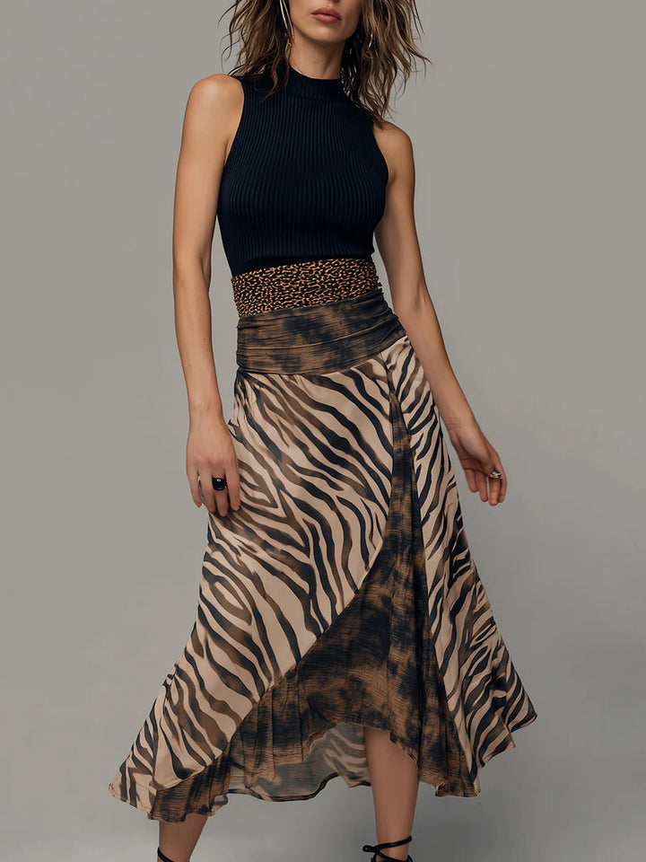 Black Maya™ patchwork sleeveless midi dress by Emma & Rose Cape Town, stylish and elegant with a fitted silhouette.