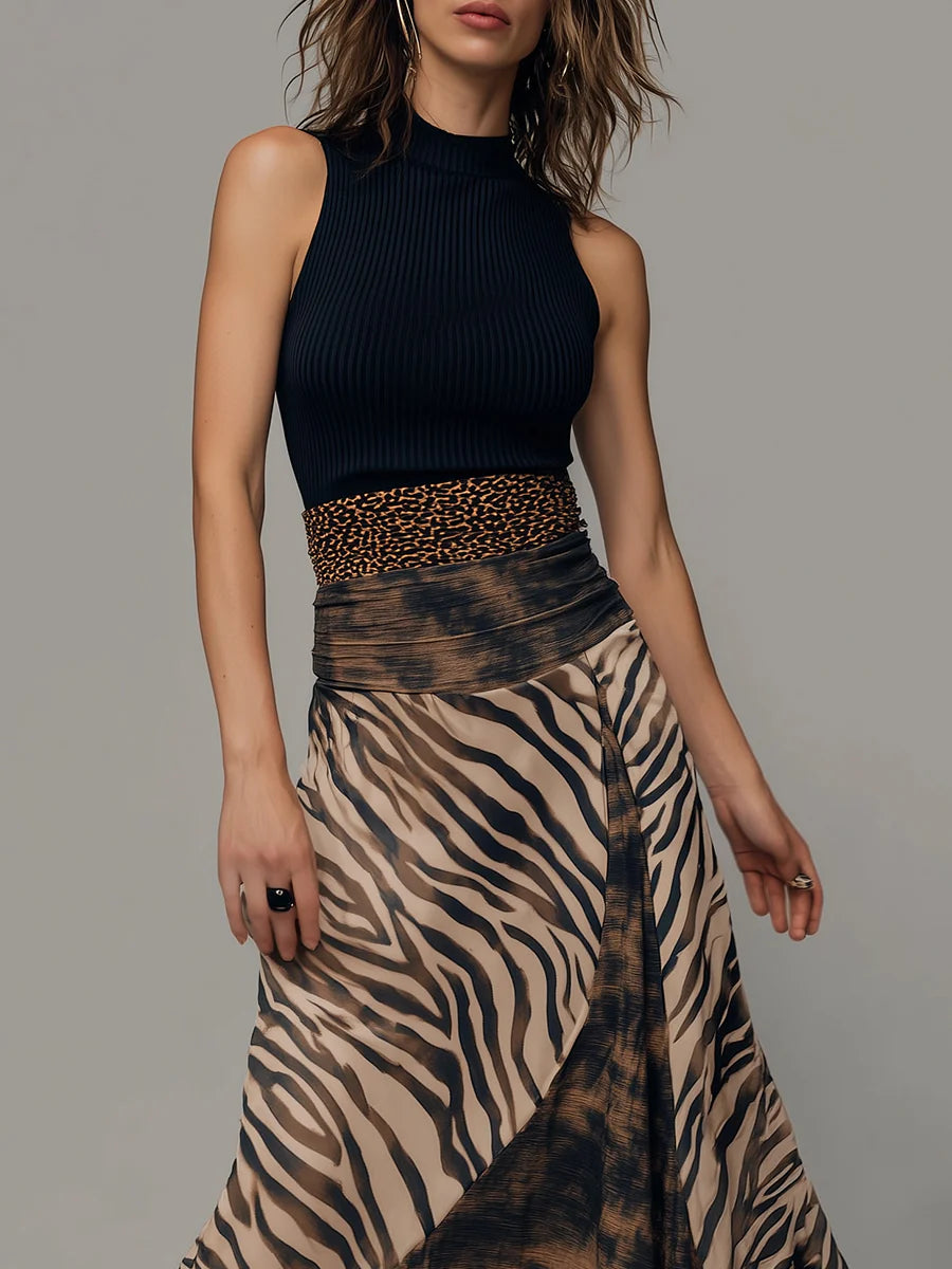Black Maya™ patchwork sleeveless midi dress by Emma & Rose Cape Town, showcasing a stylish and modern design.