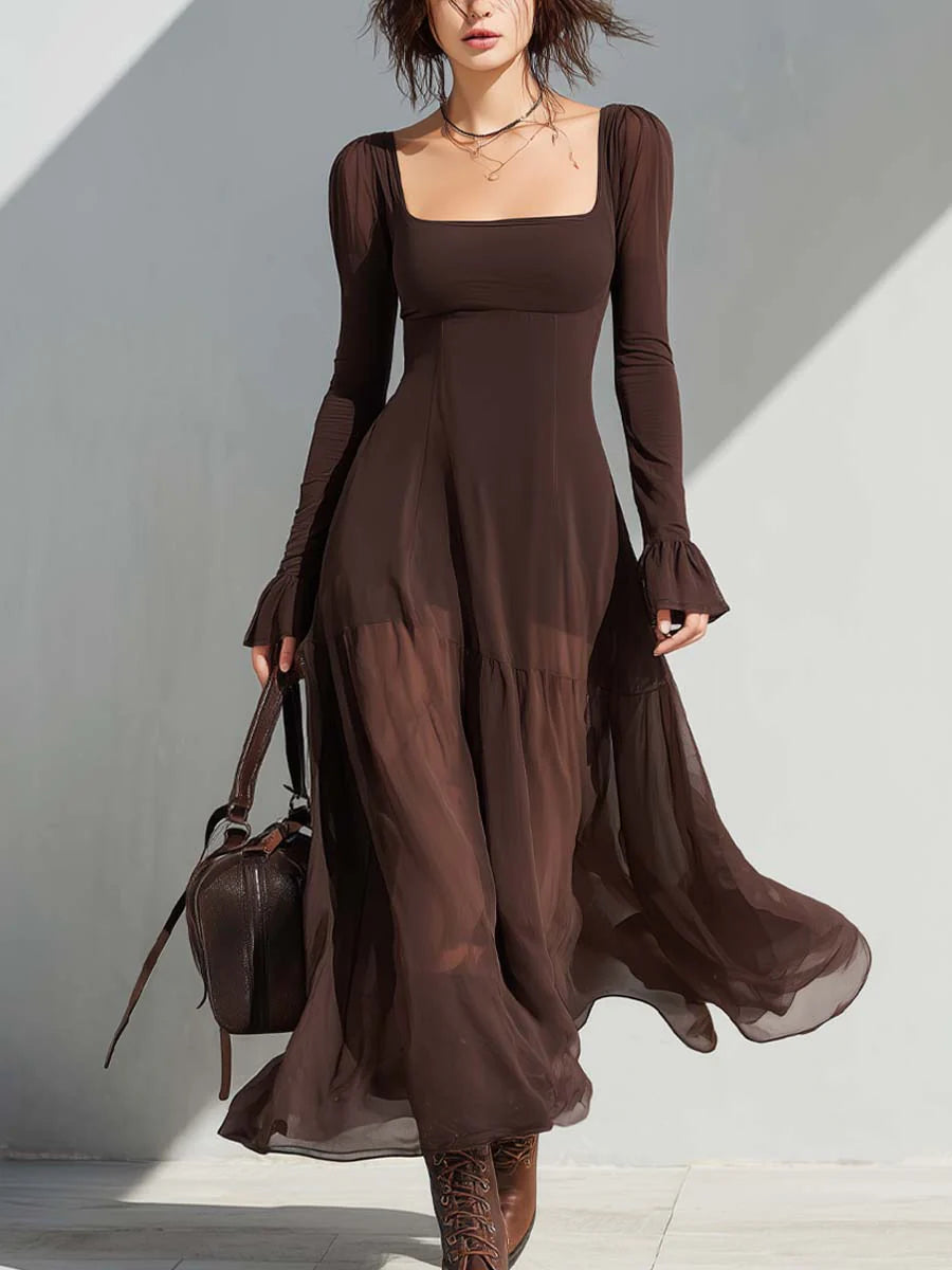 Brown Iona™ Sleeves Flare Midi Dress by Emma & Rose Cape Town, featuring long flared sleeves and a fitted midi silhouette.