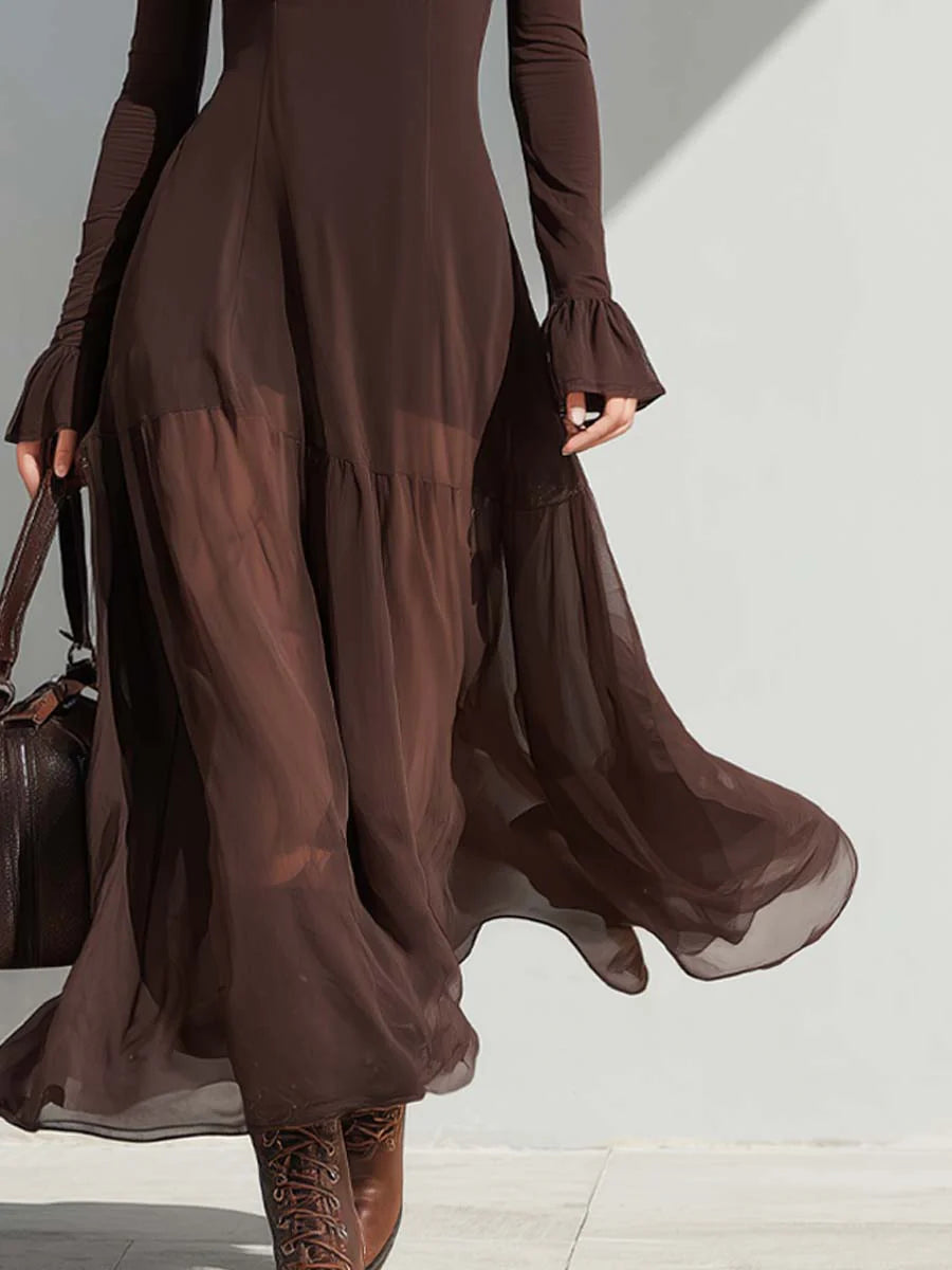 Brown Iona™ Flare Sleeve Midi Dress by Emma & Rose Cape Town, shown with flared sleeves and elegant midi length.