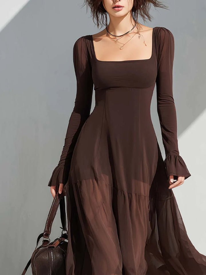 Brown Iona™ Sleeves Flare Midi Dress by Emma & Rose Cape Town, featuring long flare sleeves and a stylish midi length.