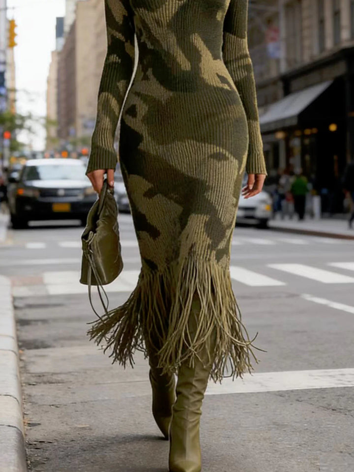 Emma & Rose Cape Town Jane™ fringe hem midi dress in olive camo, showcasing its stylish midi length and fringe hem detail.