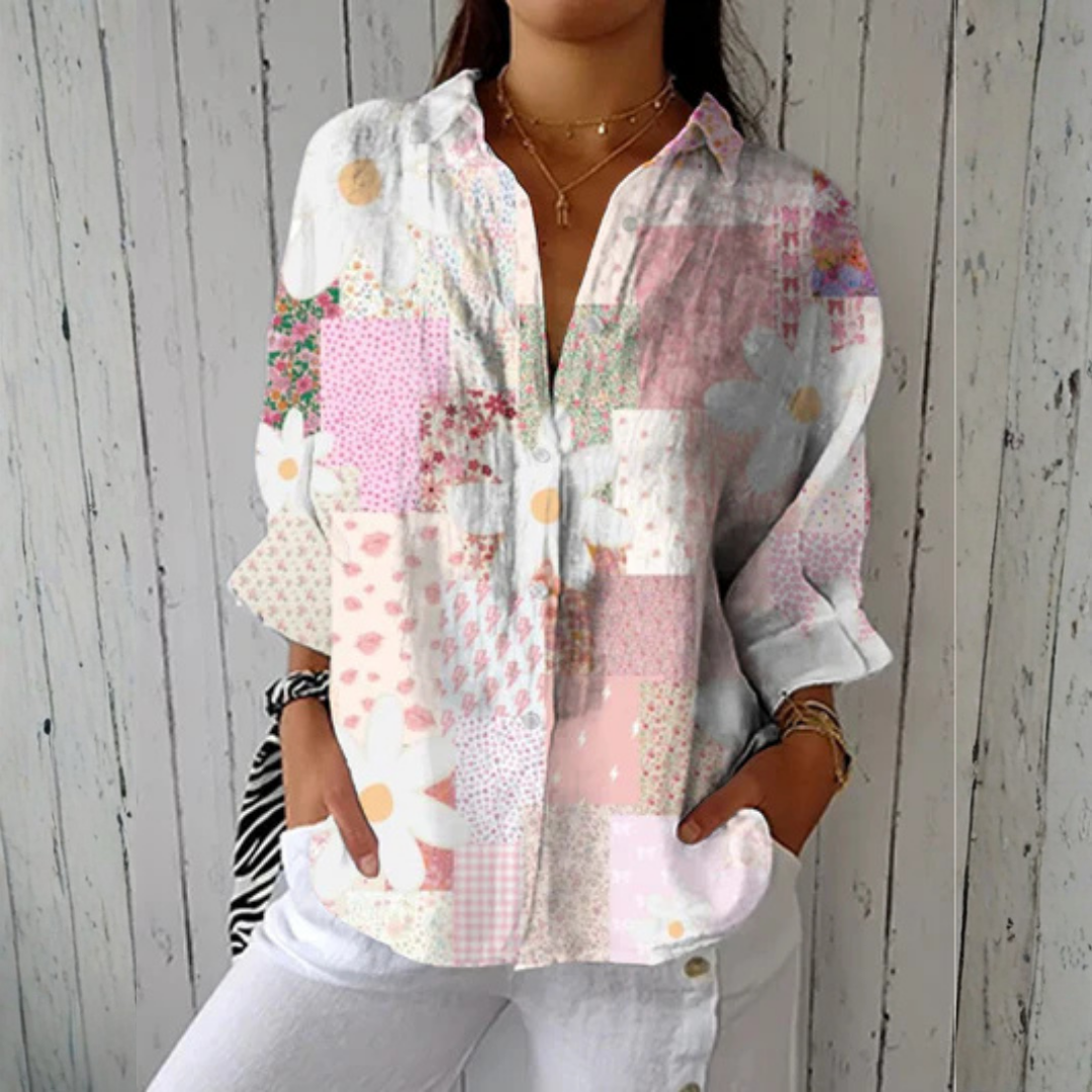 Emma & Rose Cape Town Ava™ patchwork daisy blouse, multicolor floral top with long sleeves and relaxed fit.