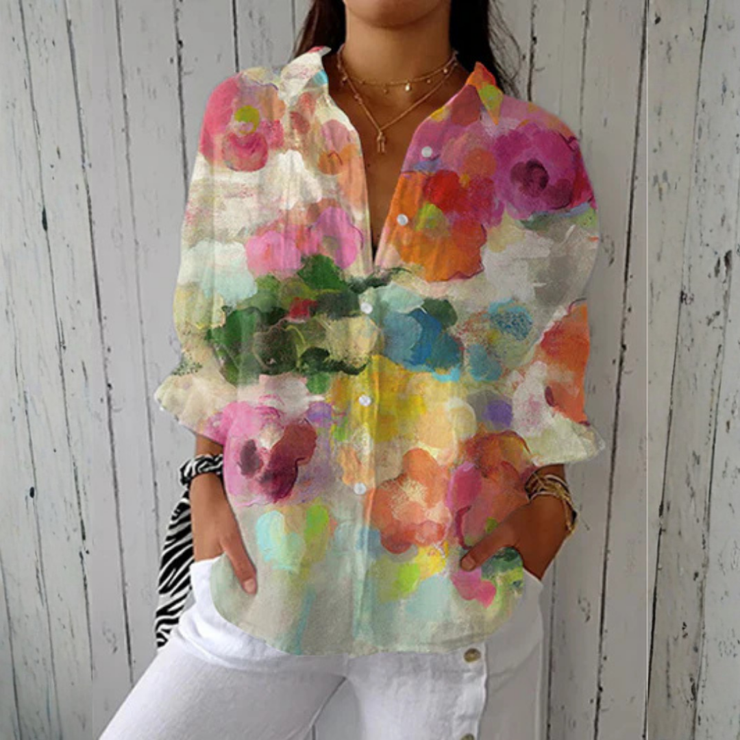 Emma & Rose Cape Town Brittany Watercolor Dreams Blouse in vibrant multicolor watercolor design, lightweight and stylish women's top.