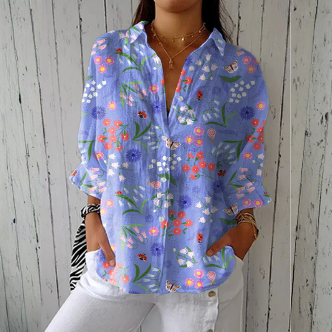 Emma & Rose Cape Town Megan Playful Dogs Blouse in multicolor, featuring a playful dog pattern on lightweight fabric.