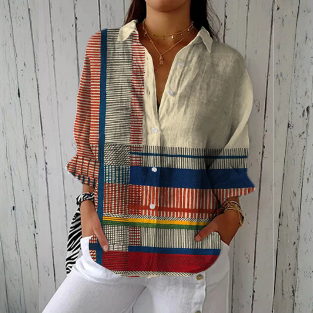 Multicolor Natalie™ Artistic Pattern Blouse by Emma & Rose Cape Town, featuring vibrant, abstract print and lightweight fabric.